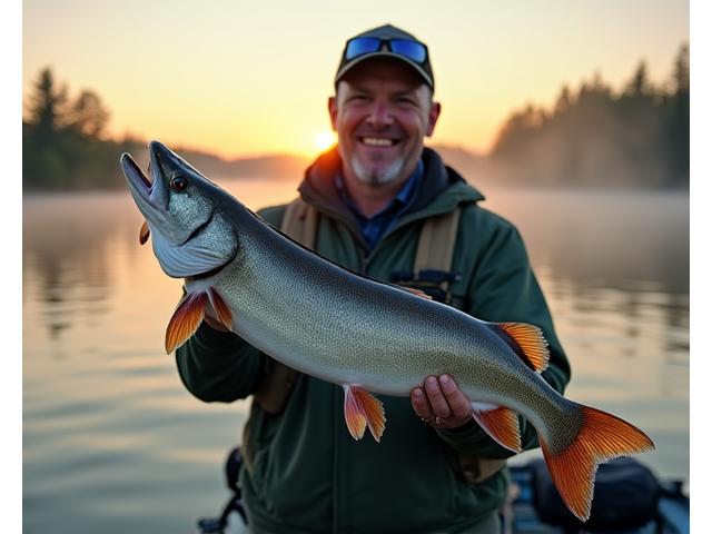A modern angler proudly holding a large fish caught with a Maple Forge Tackle lure, with a Canadian lake in the background