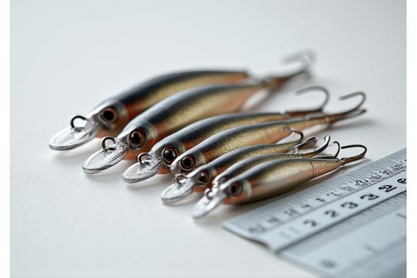 Variety of fishing lures of different sizes and weights, showing precise measurements and detailed craftsmanship