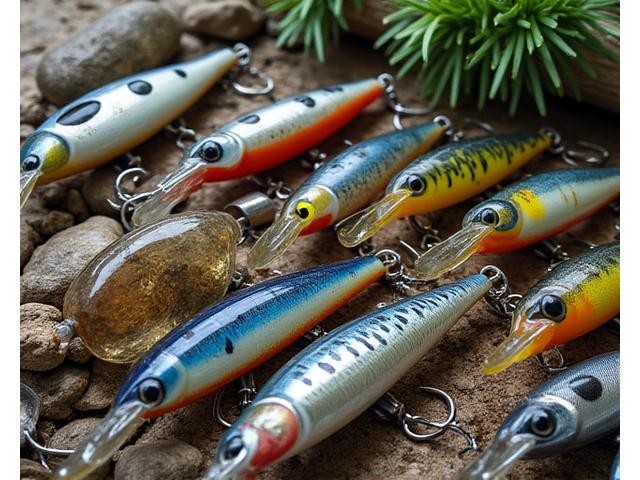 Assortment of biodegradable fishing lures, hooks, and weights displayed on natural wood with environmental props