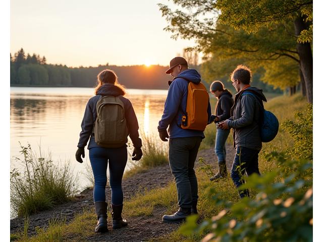 Diverse group of people, including anglers, participating in a lakeside clean-up, displaying a banner with a conservation organization logo
