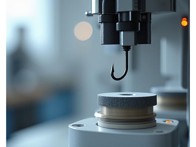 Close-up of a fishing hook undergoing tensile strength testing in a lab setting, showing digital readings