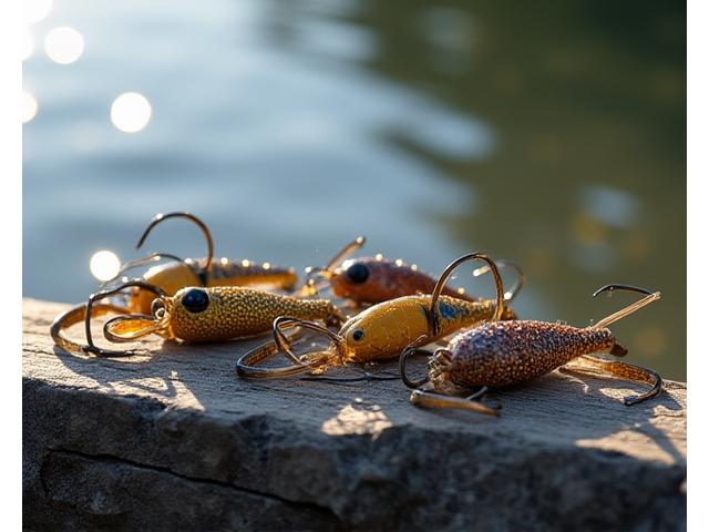 Custom freshwater fishing jigs displayed on a rustic wooden log with a blurred lake background